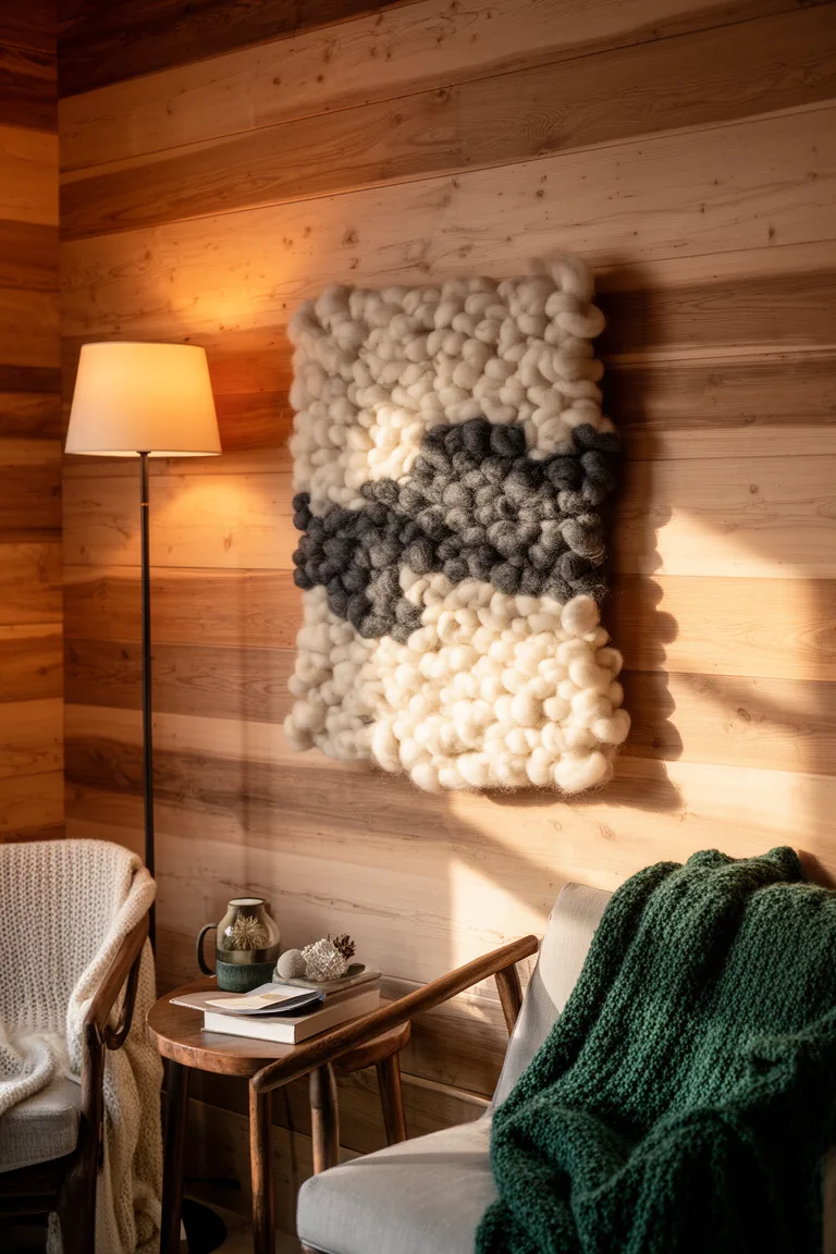 Soft fiber art wall piece in cream and charcoal tones