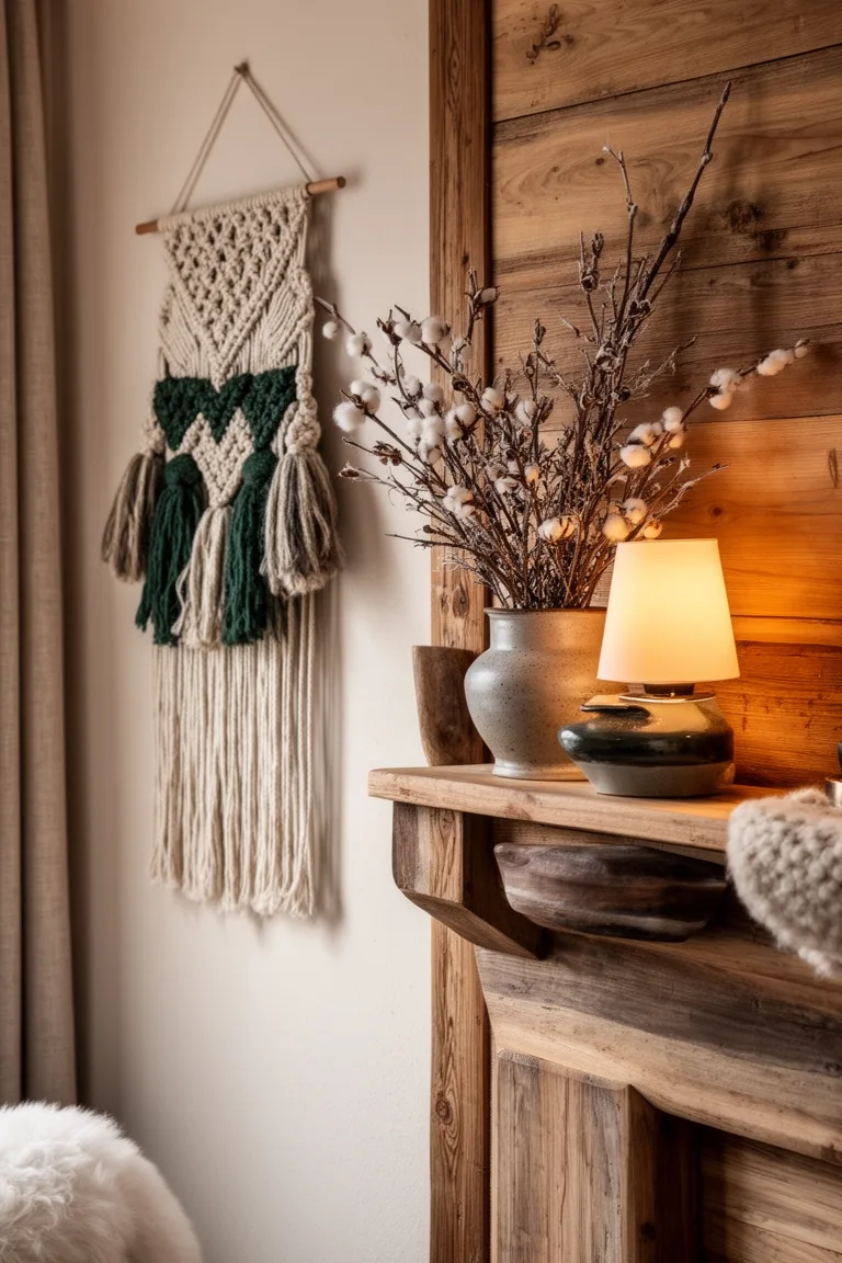 Macrame wall hanging with wool accents beside a wood shelf