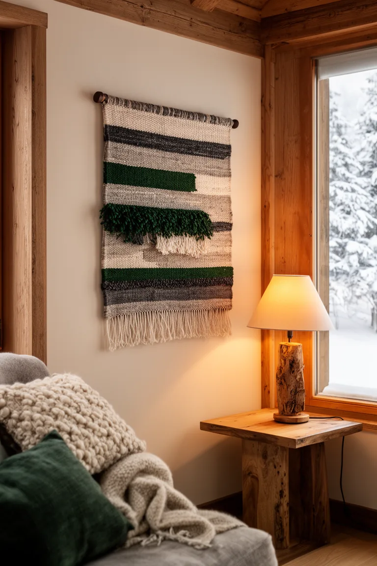Tonal woven tapestry centered in a warm winter corner