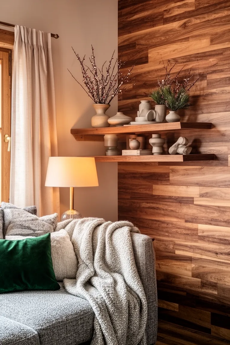 Walnut wood slat accent wall with matching floating shelves