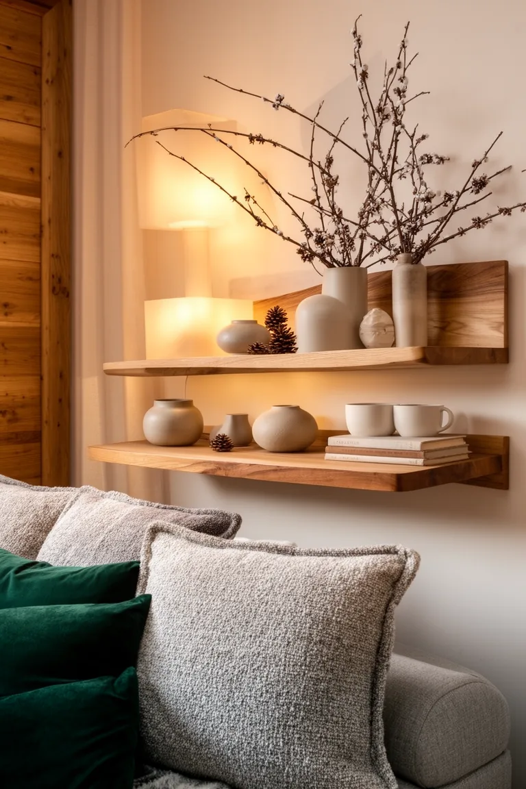 Honey oak floating shelves styled with ceramics and pinecones