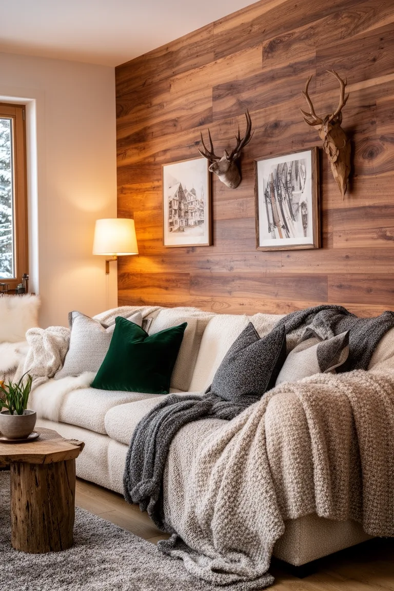 Warm walnut wood feature wall in cozy winter light