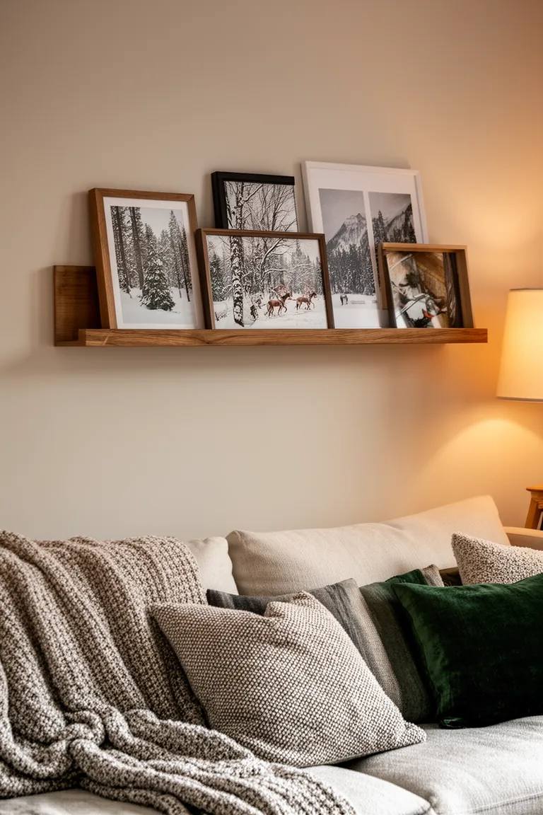 Wood picture ledge holding seasonal winter art