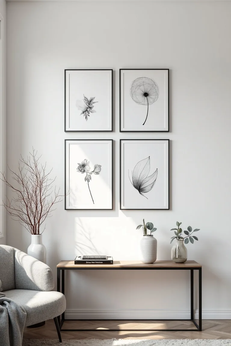 Tight gallery wall with black frames and charcoal line art