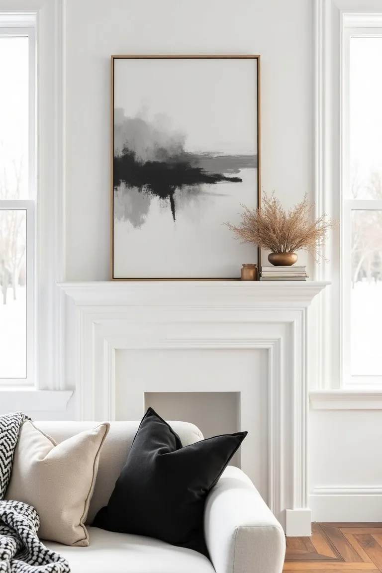 Large abstract black and white canvas leaning on a white mantel