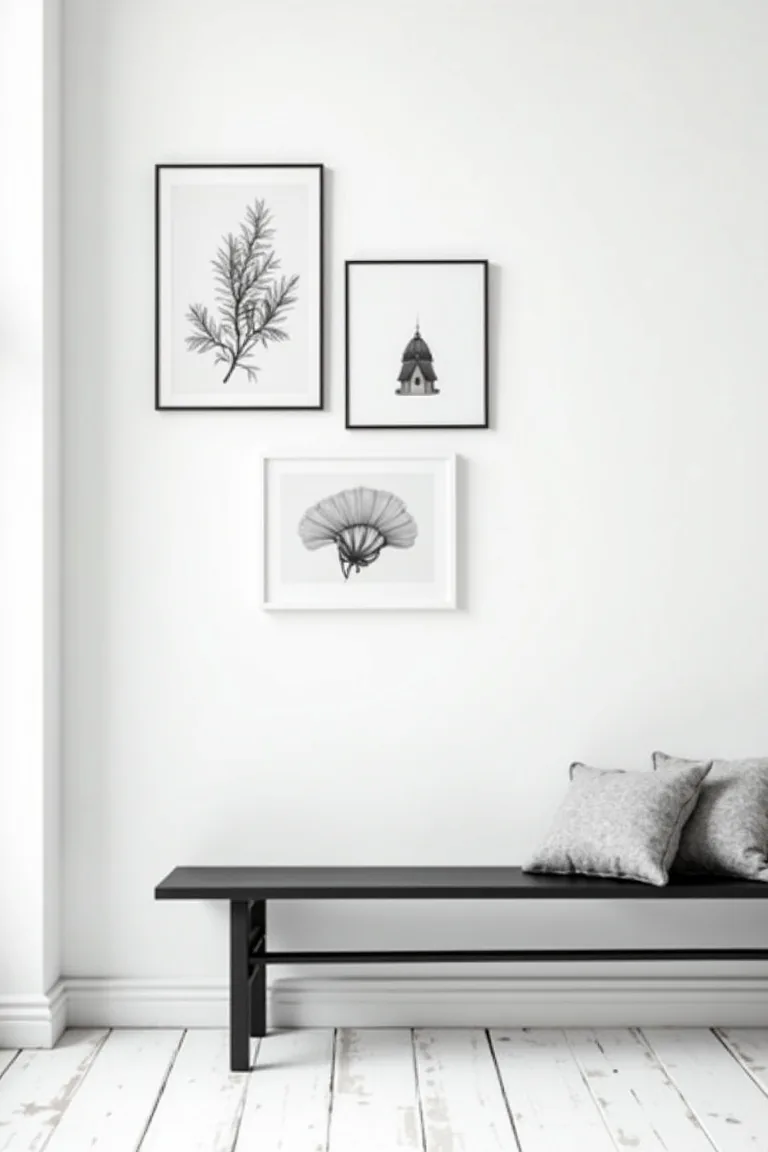 Minimalist black framed botanical prints on a white wall