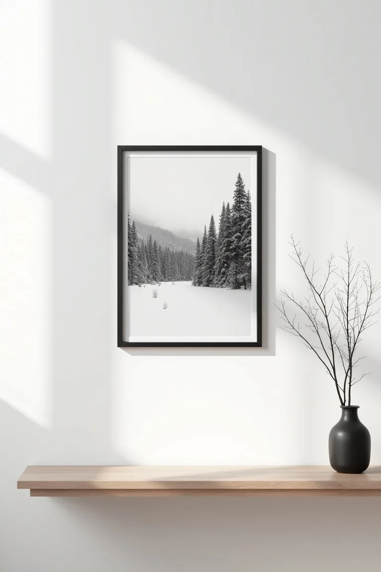 Moody winter landscape photograph framed in thin black