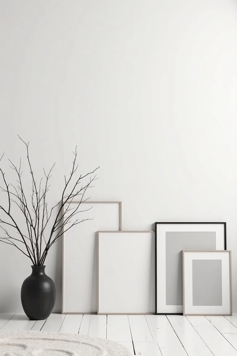 Stacked framed prints leaning against a white wall with a black vase