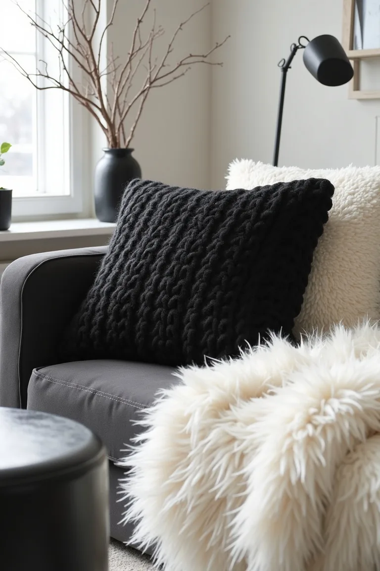 Black and white sofa layered with a chunky knit pillow and creamy throw