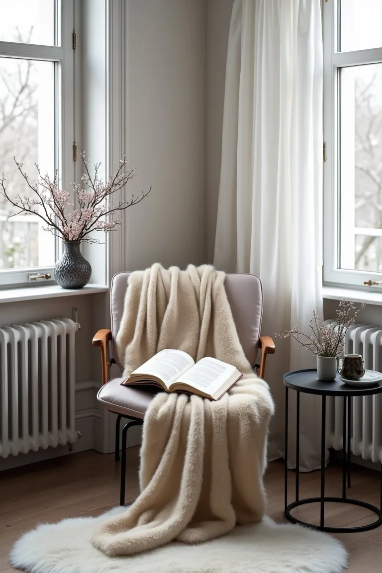 Reading nook with a leather chair, sheepskin and a black side table