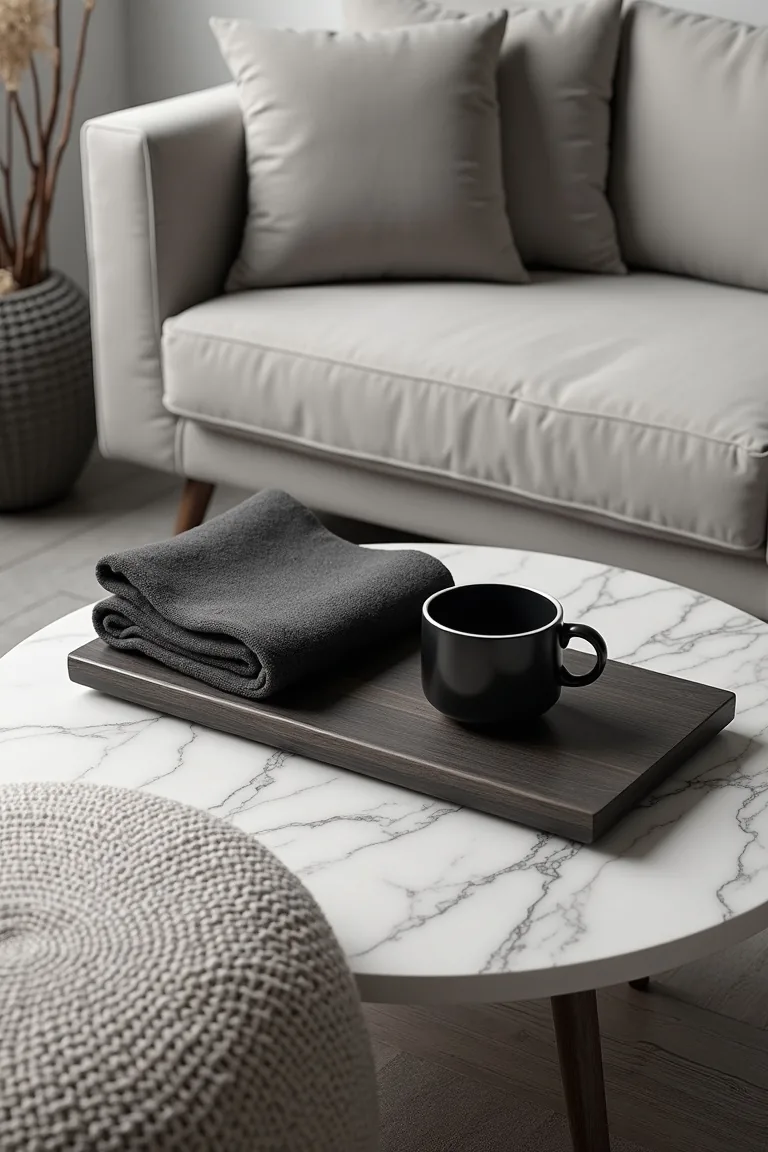 Coffee table with a black wood tray, marble top and a folded blanket