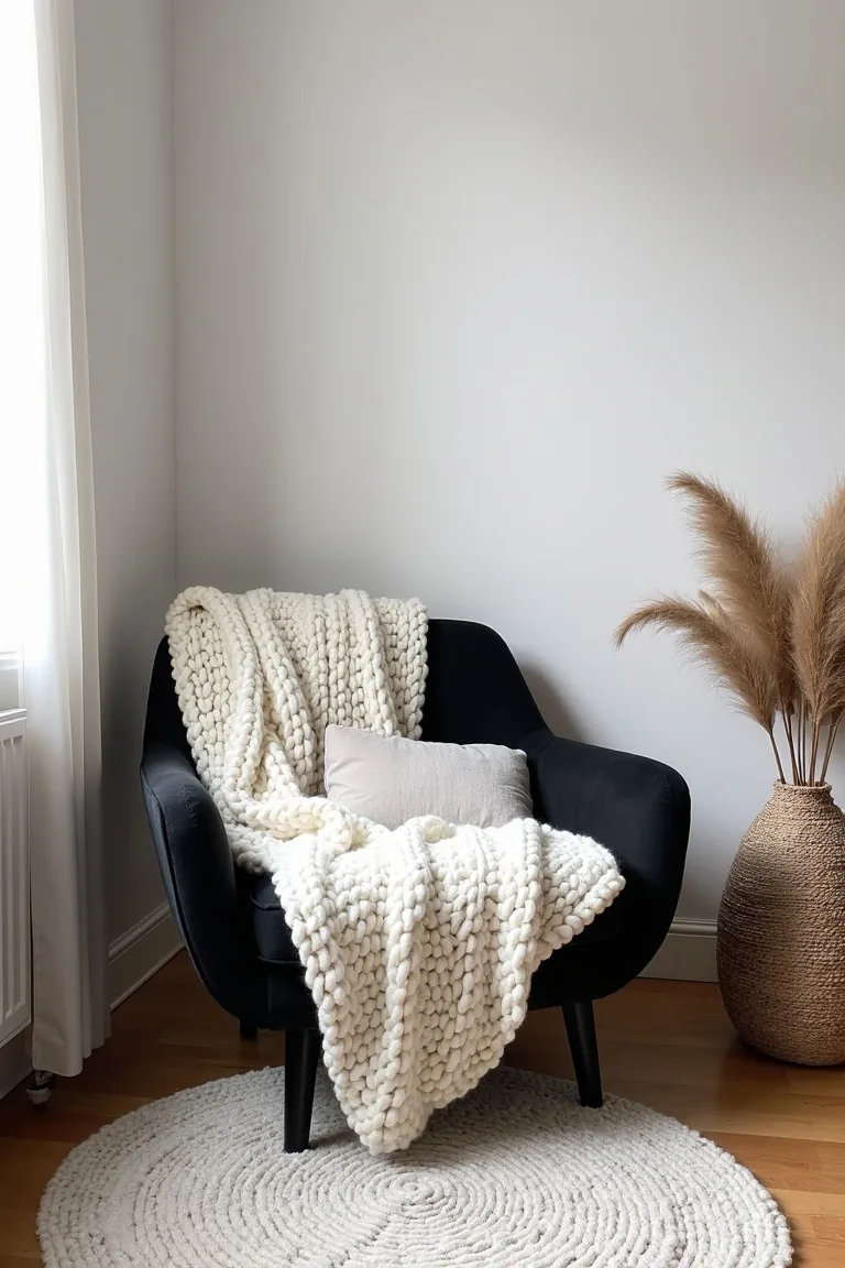 Cozy corner with a white knit blanket over a black accent chair