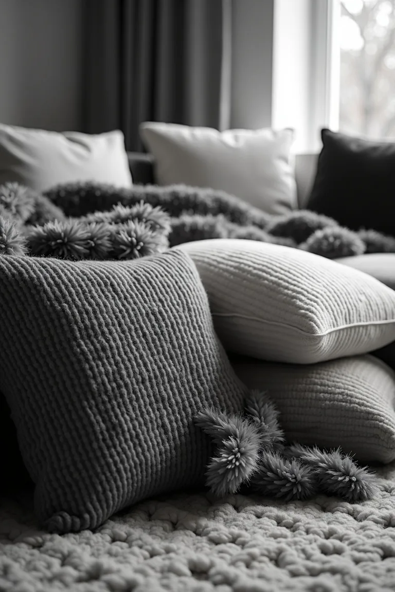 Detail of layered black and white textiles on a winter sofa