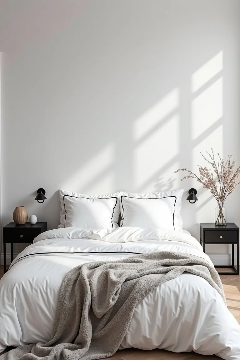 Minimalist bedroom with white bedding and black nightstands