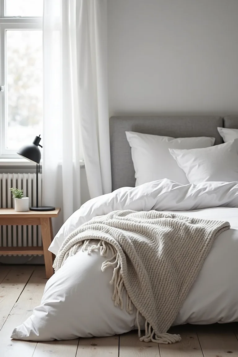 Calm bedroom corner with a white duvet and cable knit throw