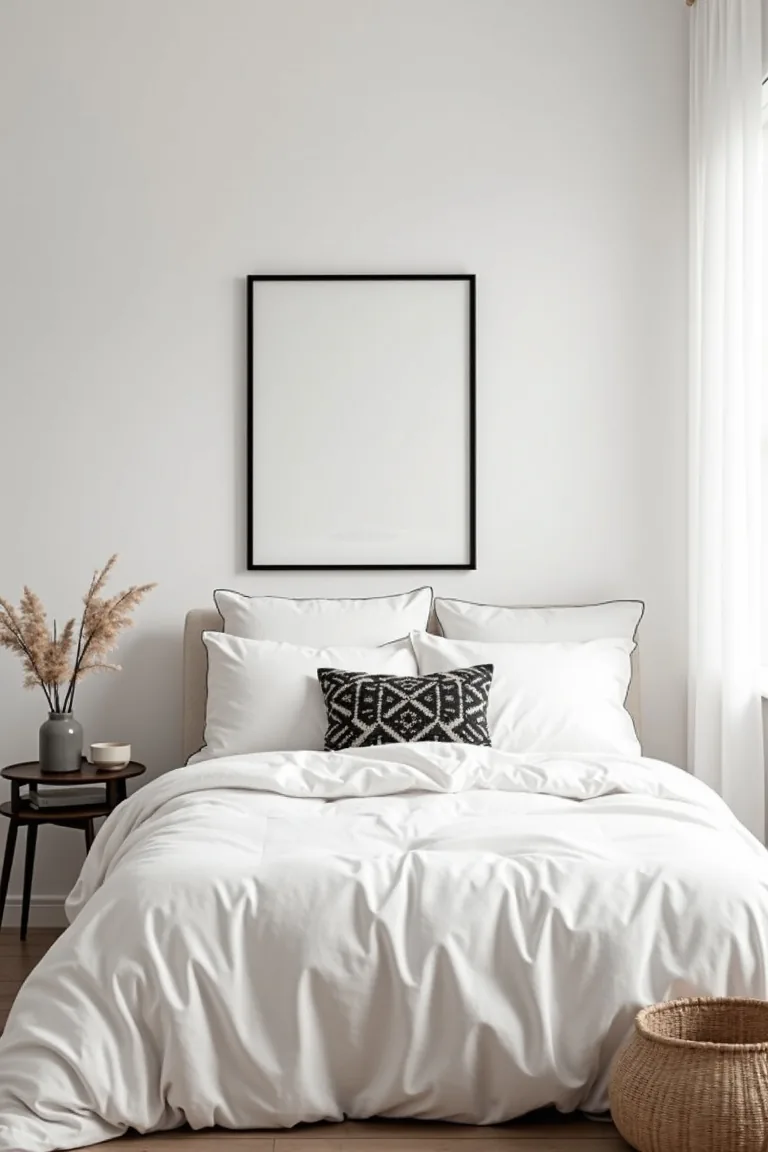 Crisp white bed with a black-and-ivory geometric pillow