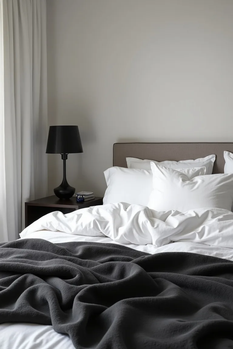 Boutique-style black and white bedroom with layered white linens