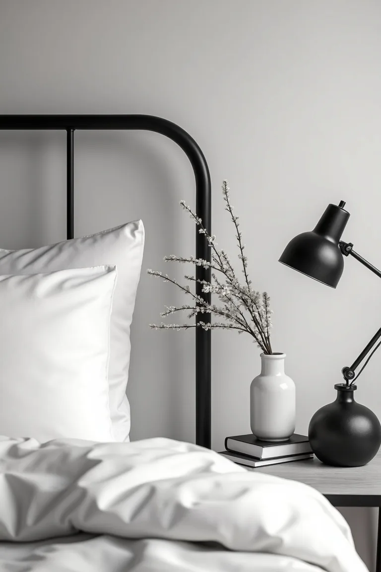 Bedside vignette with white bedding and a black ceramic lamp