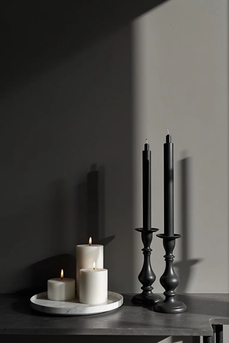 Black taper and white pillar candles clustered on a marble tray
