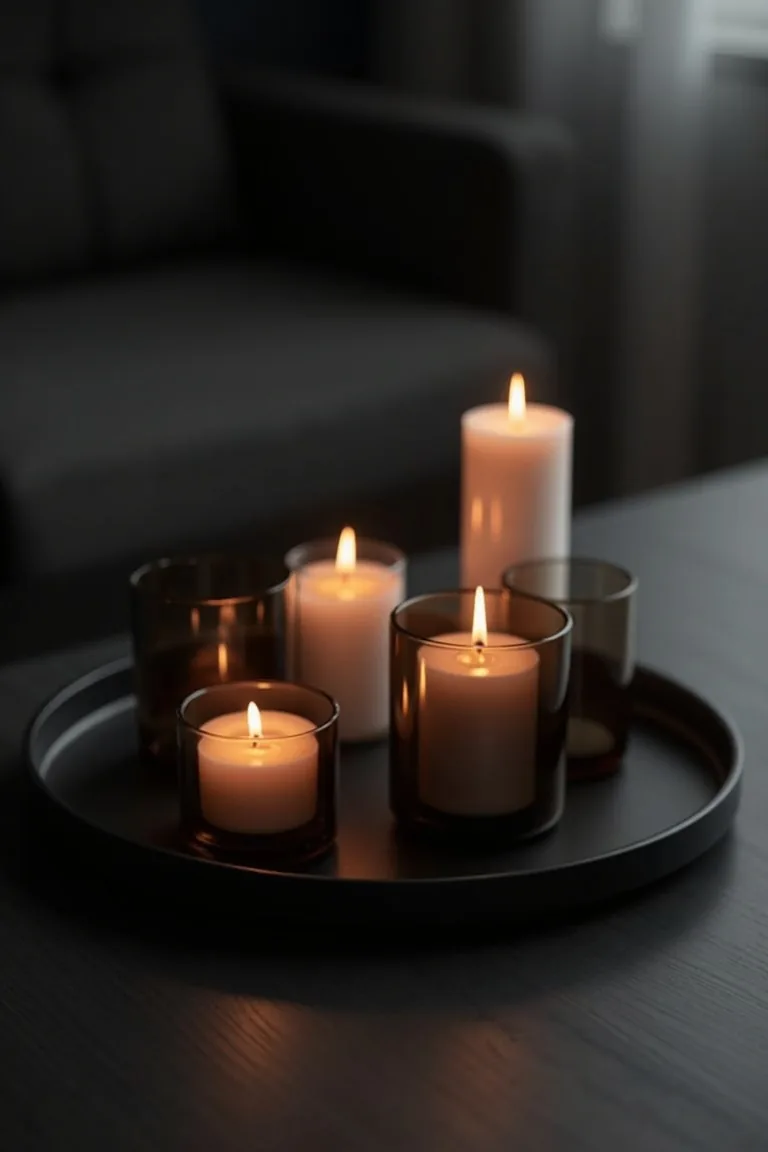 Smoky glass votives and white pillars glowing on a black tray