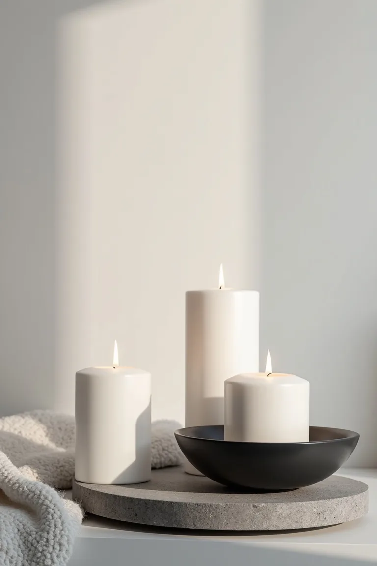 White pillar candles of mixed heights on a stone slab