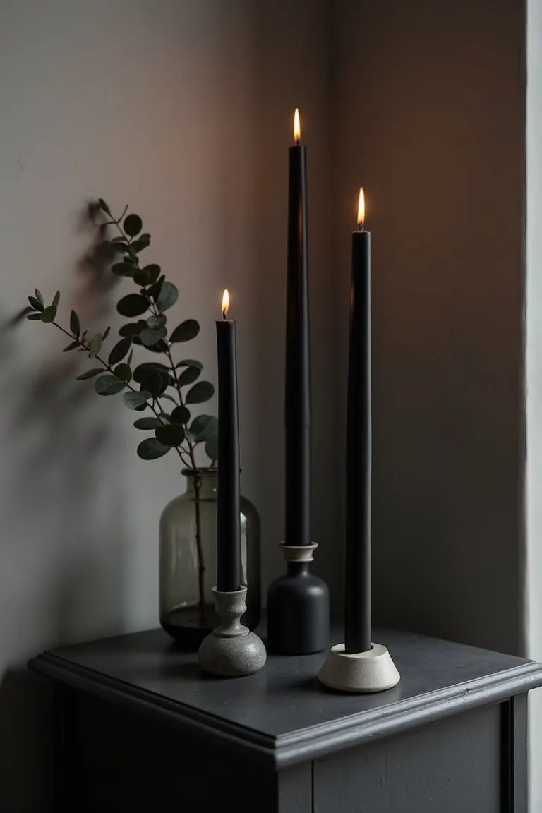 Black taper candles in matte holders with a eucalyptus sprig
