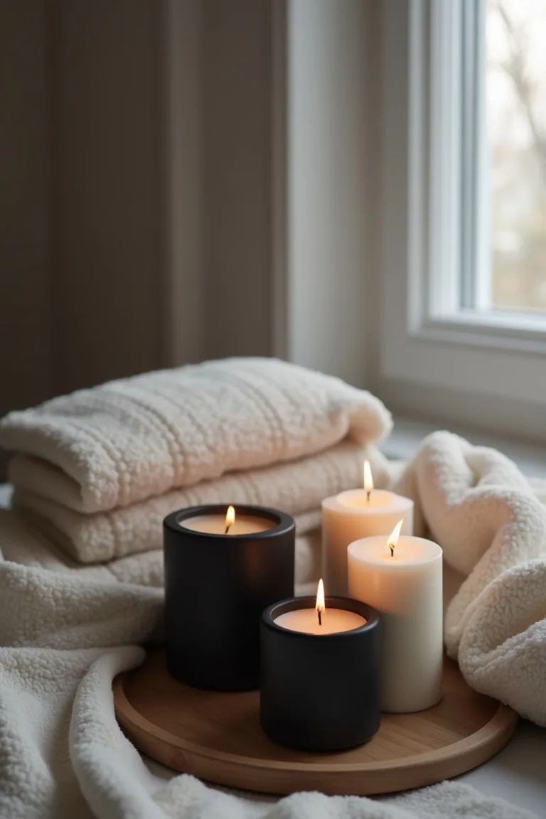 Cozy candle corner with black and white candles on a wood tray