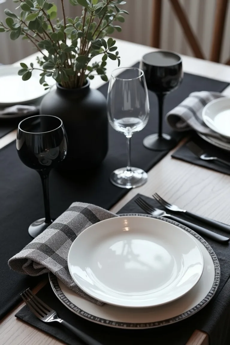Overhead winter table with white plates on a black runner