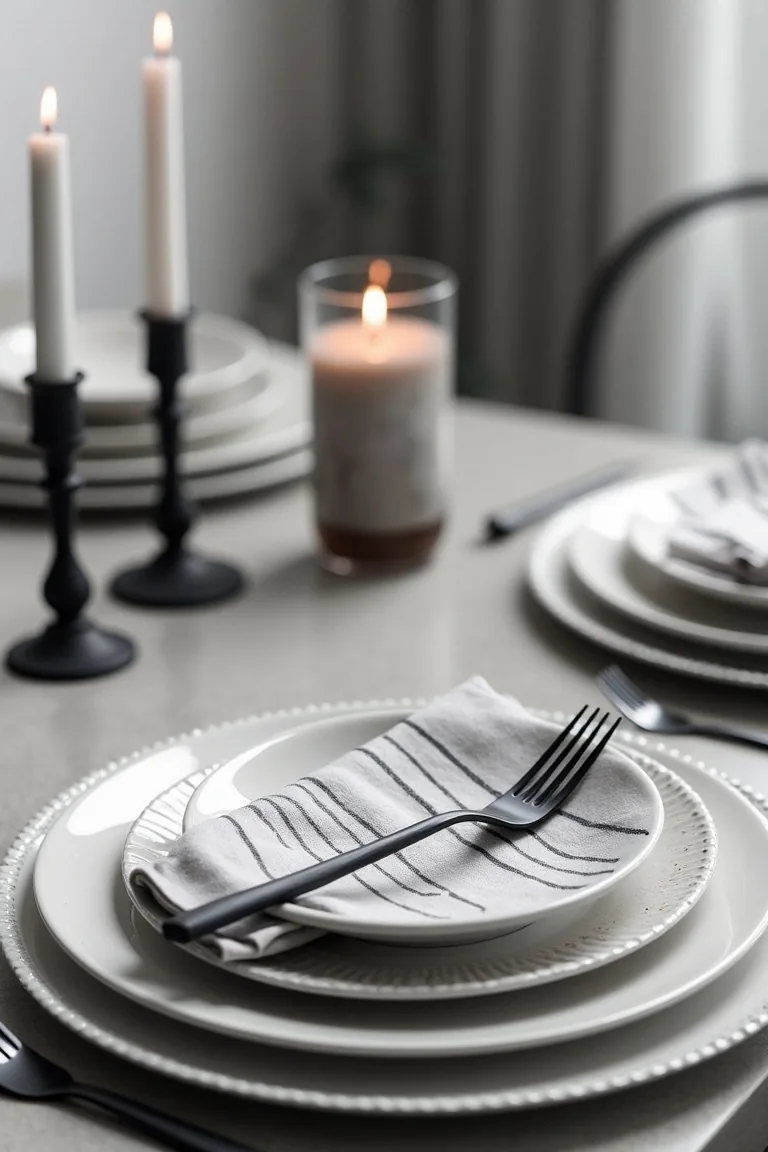 Black and white place setting with a pinstripe napkin