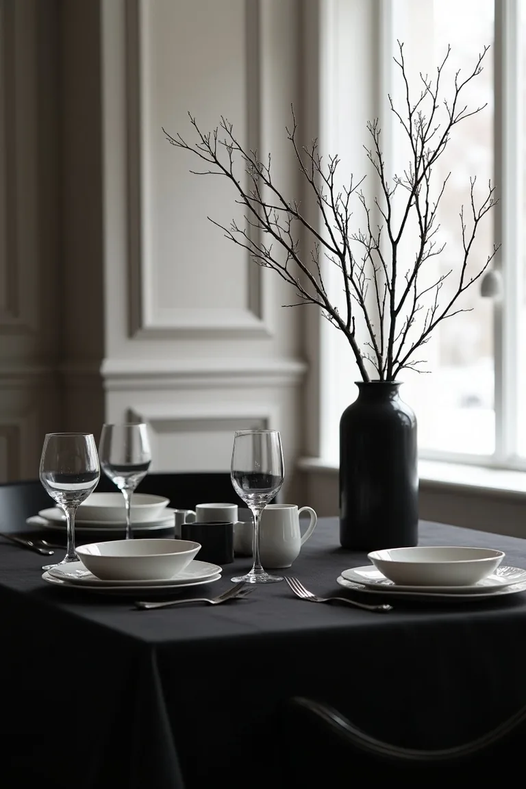 Winter dining table with a black cloth and bare branches