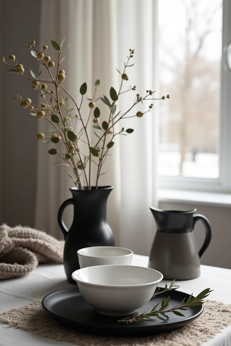 Table corner with white bowls, olive branches and a black pitcher