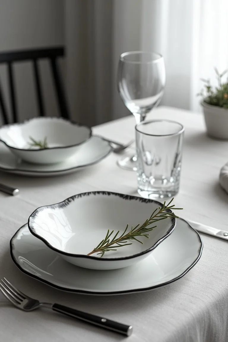 Monochrome place setting detail with layered white plates