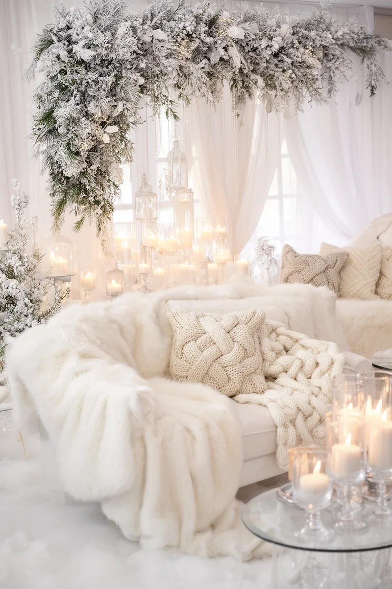 White faux fur throws and chunky knit pillows in a wedding lounge