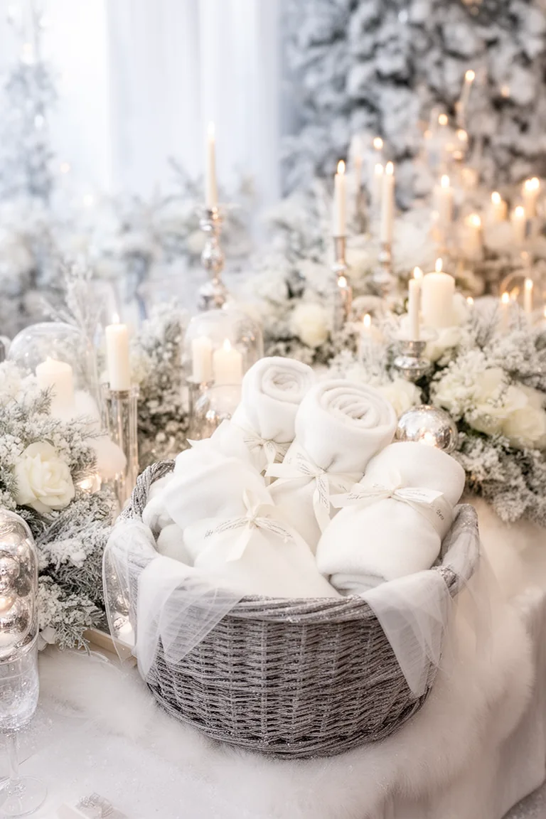 Rolled white blanket favors in a woven basket for a winter wedding