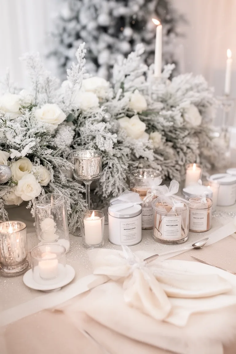 White candle tin favors and hot cocoa kits at a winter wedding