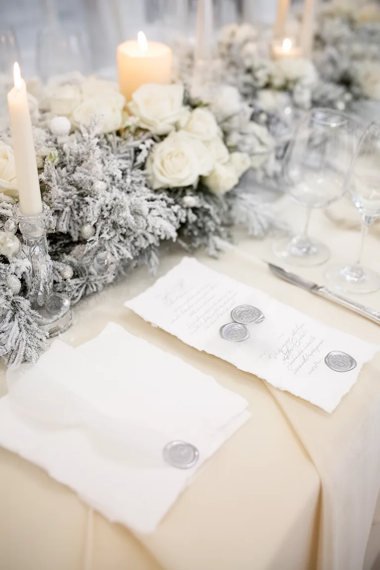 White deckle edge seating cards with silver ink and wax seals