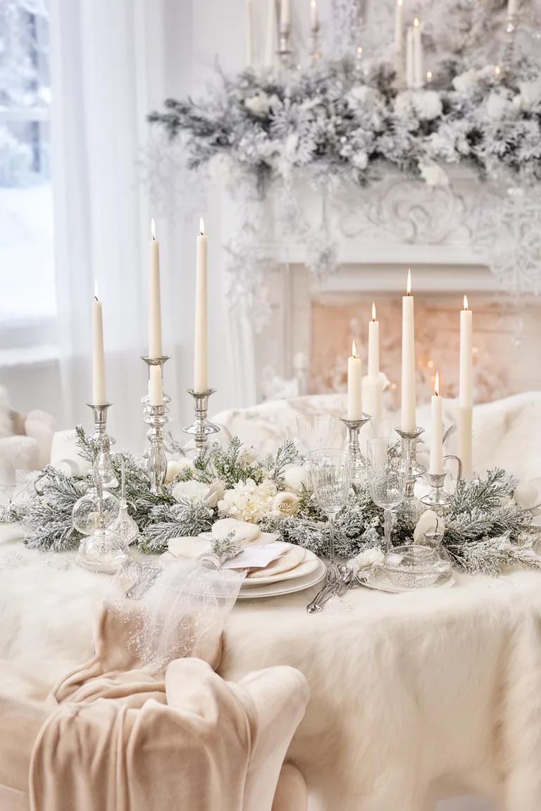 Cozy white and cream winter wedding vignette with velvet accents