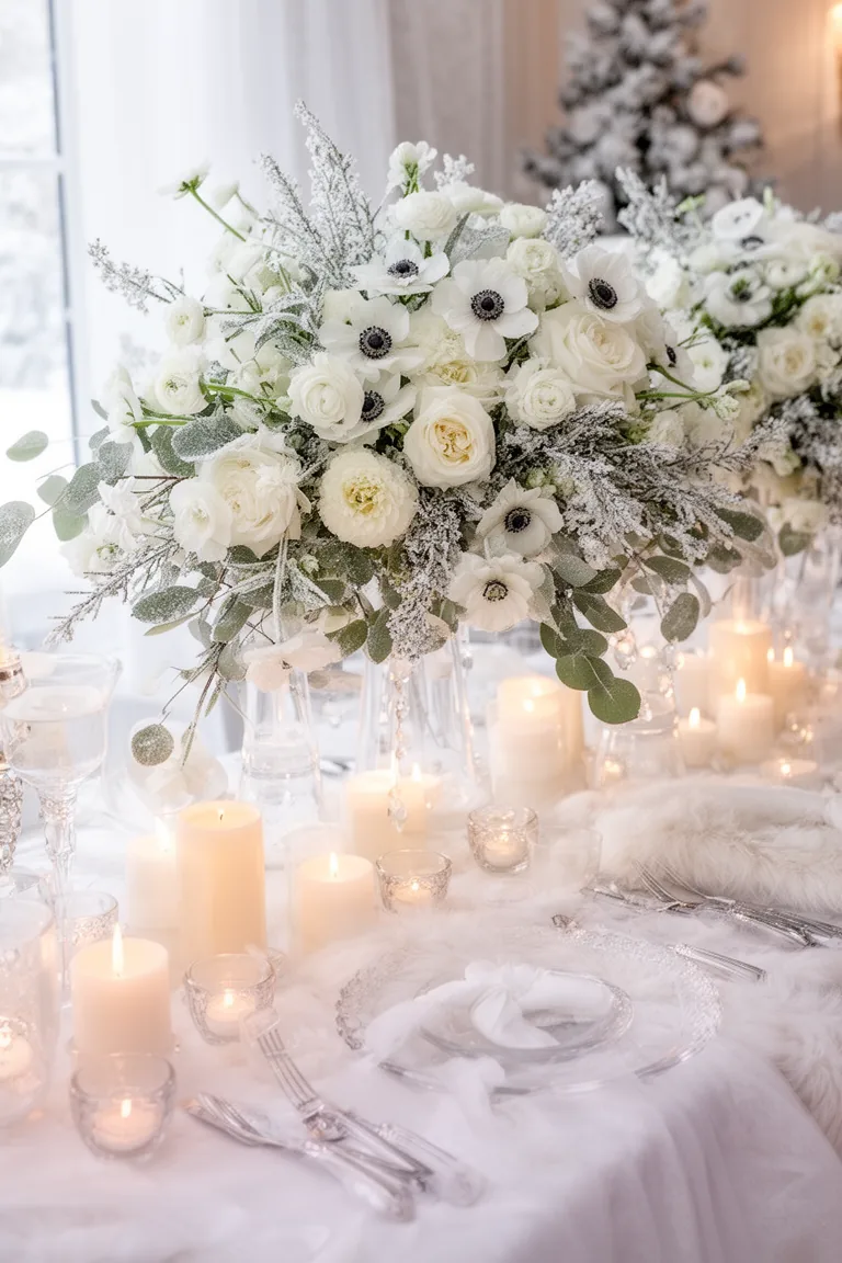 Loose white winter wedding floral arrangement with eucalyptus