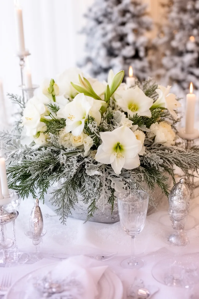 White amaryllis and lisianthus with cedar in a winter centerpiece