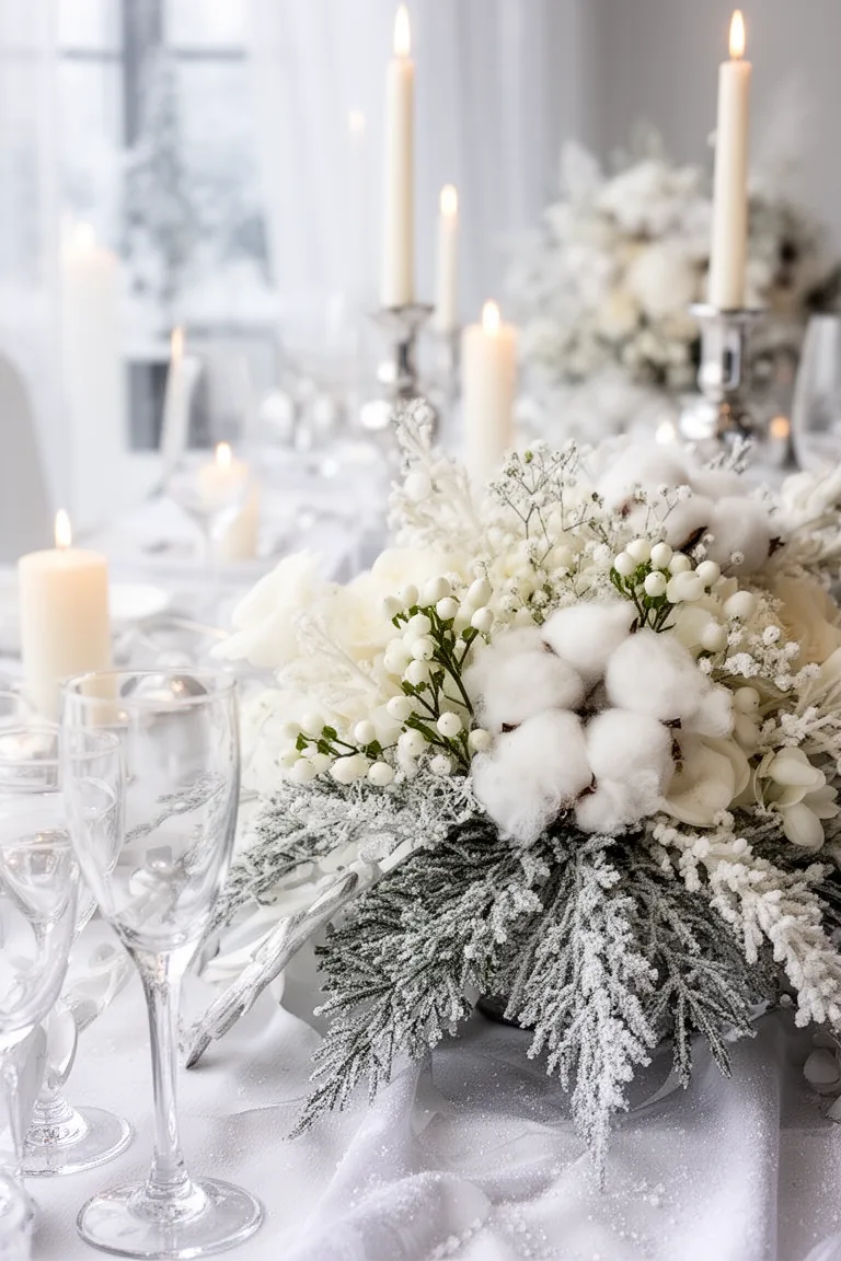 White berries baby's breath and cotton stems in a winter bouquet