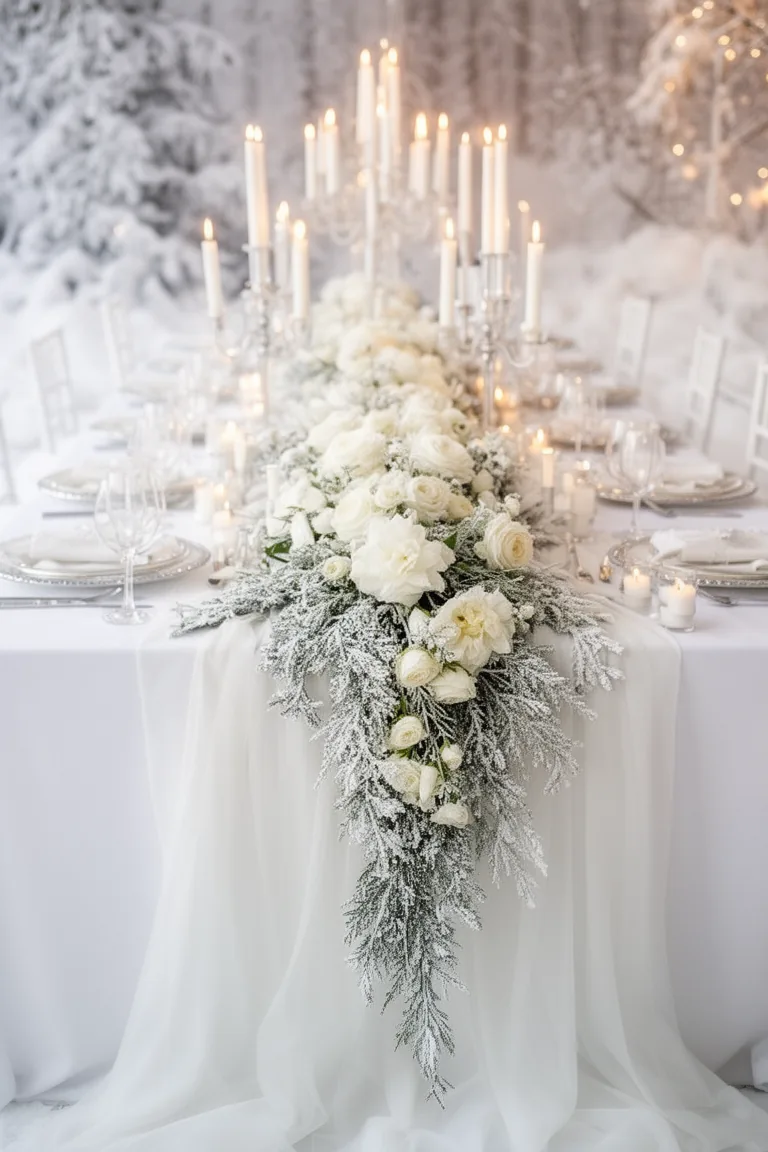 Asymmetrical white floral runner with frosted greenery