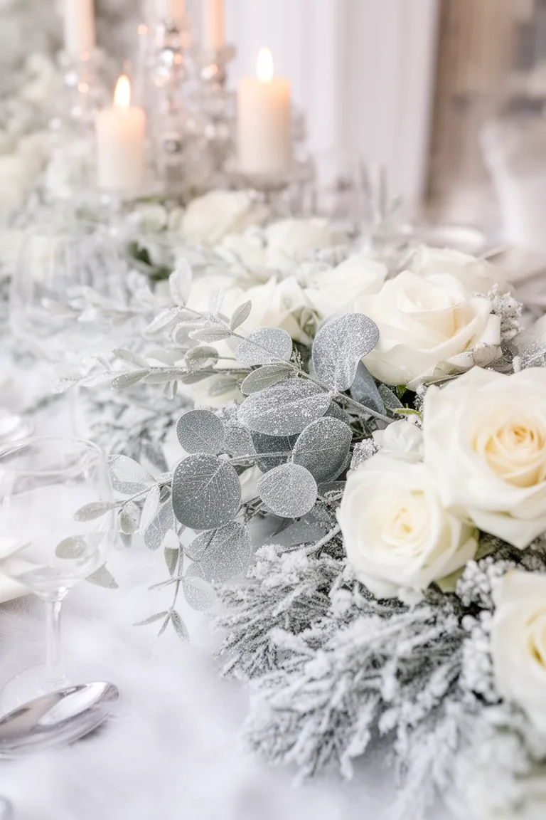 Frosted eucalyptus and white roses in soft winter daylight