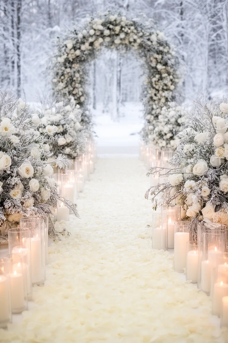 Snowy white wedding aisle with rose petals and hurricane candles