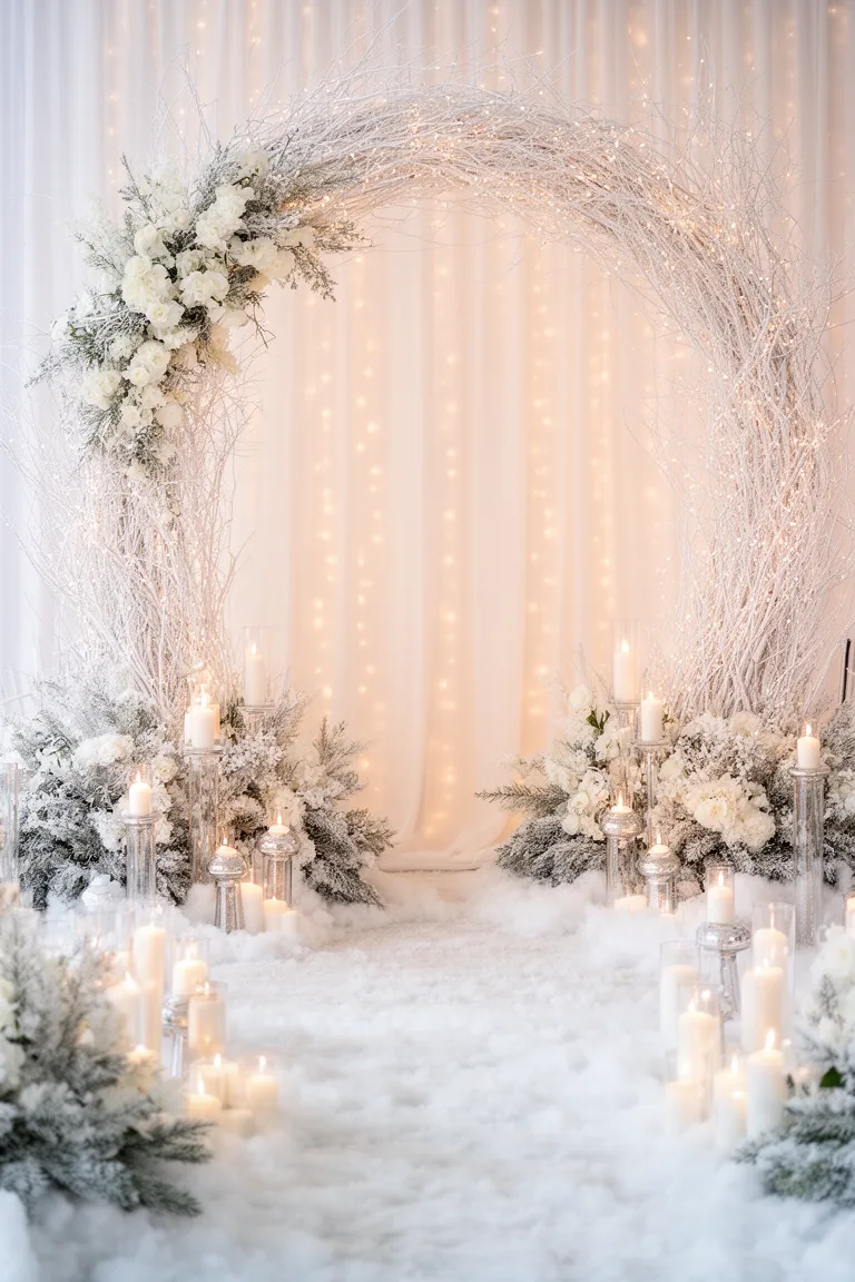 White branch arch with fairy lights as a winter ceremony backdrop