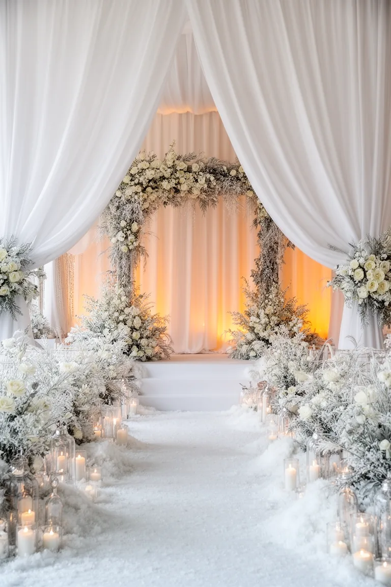 Floor to ceiling white fabric draping with warm uplighting