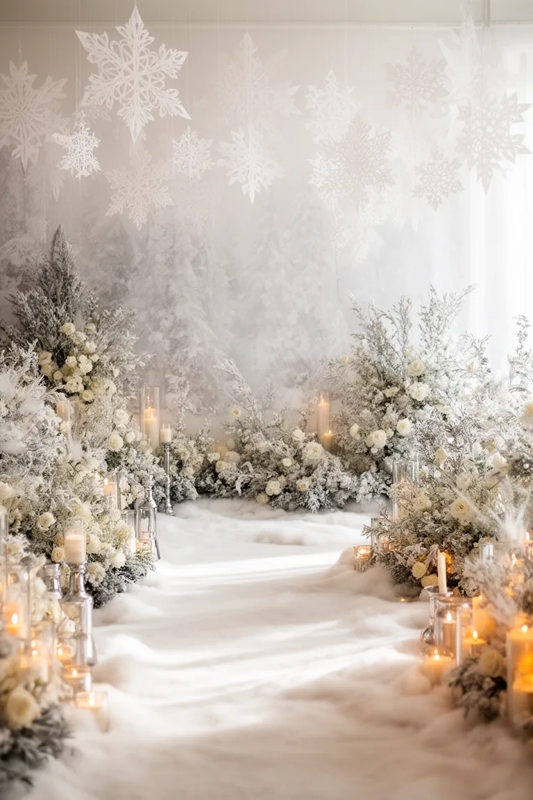 Hanging white paper snowflakes above a winter wedding aisle
