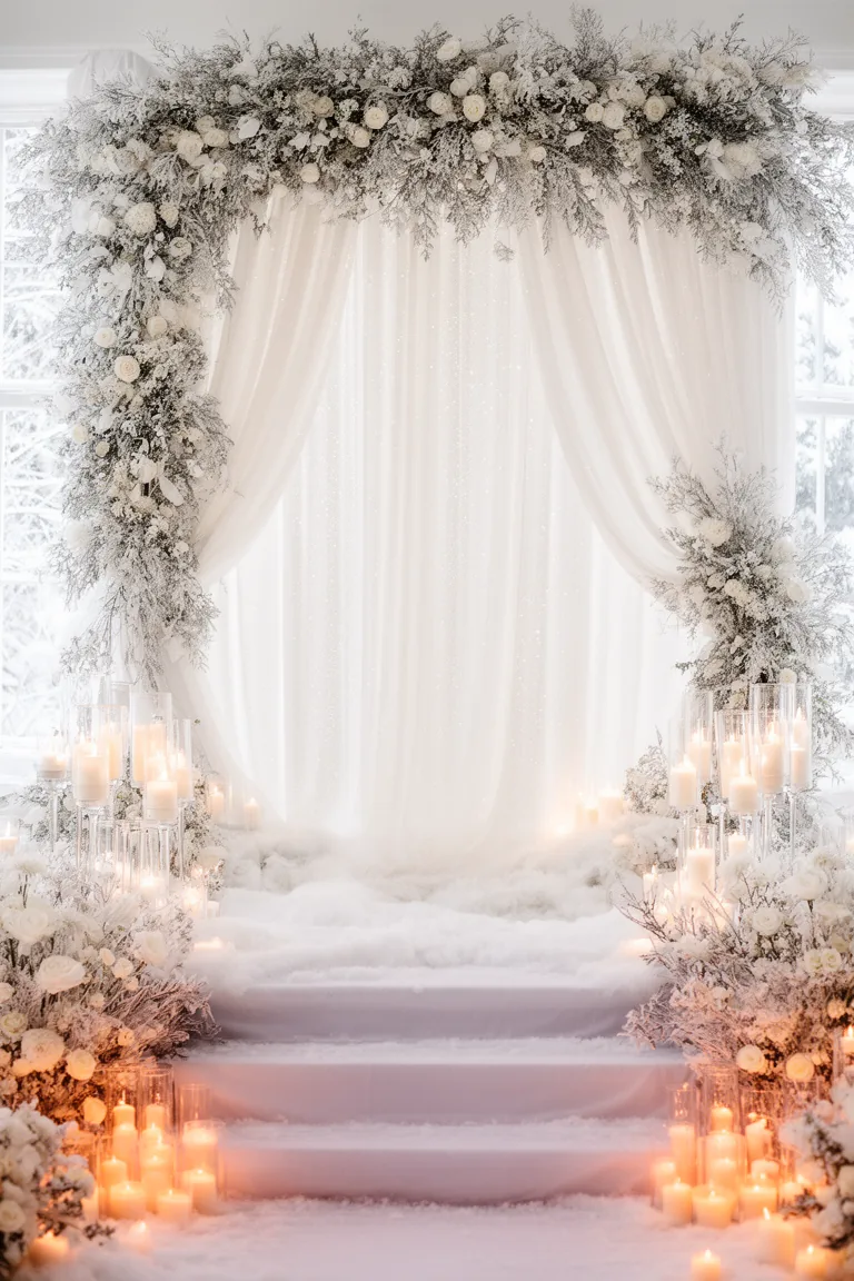 Refined snowy winter wedding ceremony backdrop