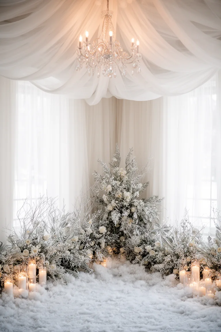 White chiffon ceiling swags and gauzy voile in a winter wedding venue