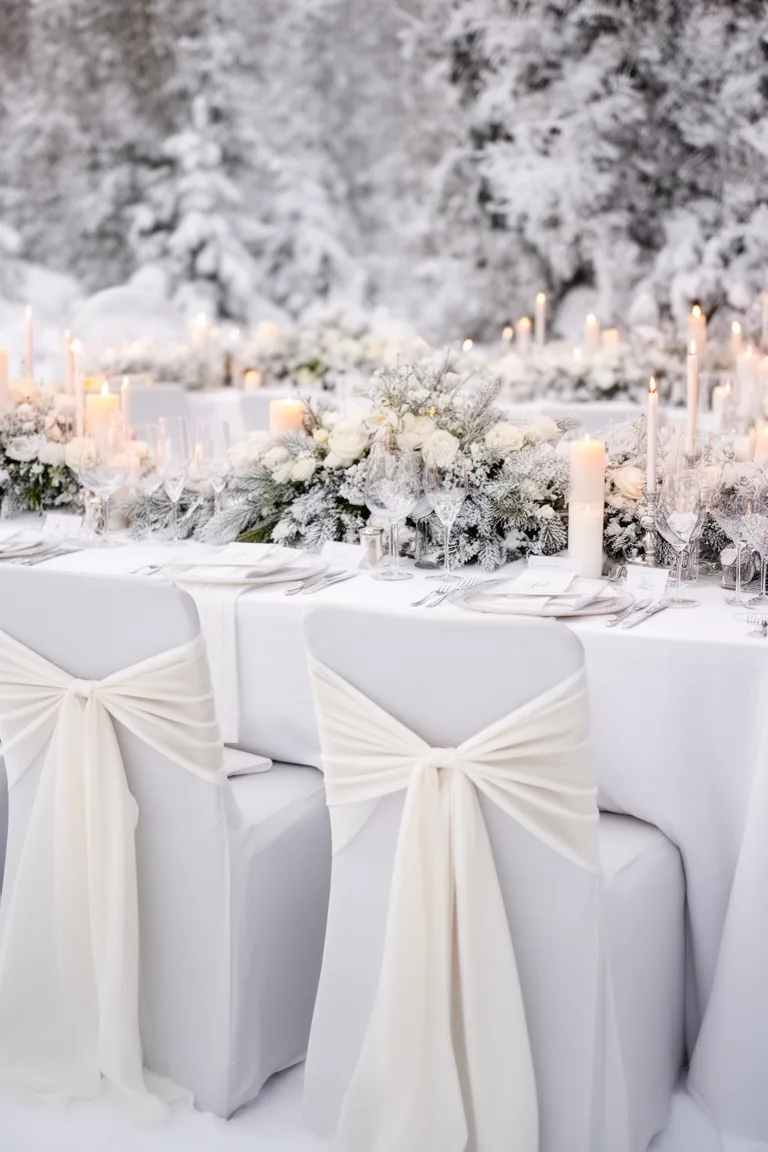 White linen chair covers with velvet sashes at a winter wedding