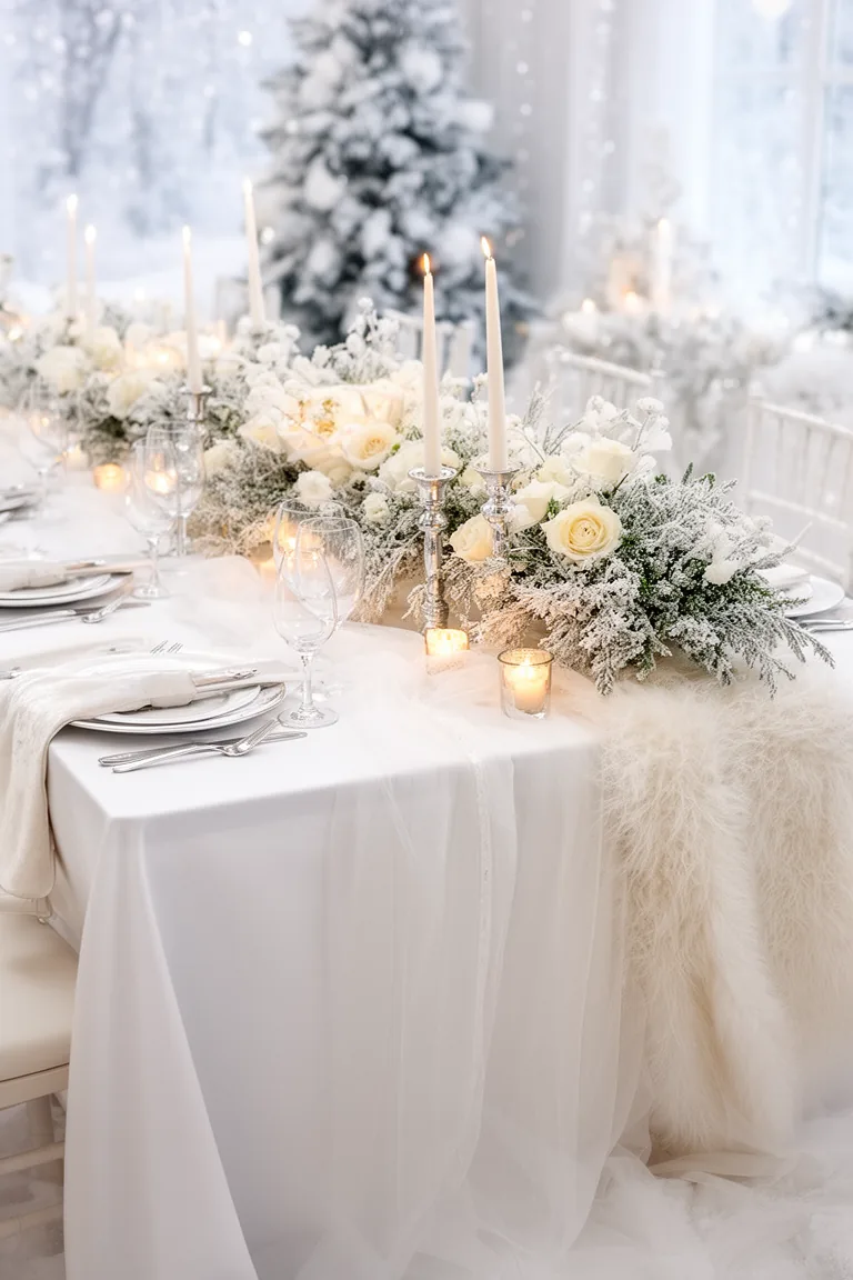 Layered white tablecloth and gauzy runner on a winter wedding table